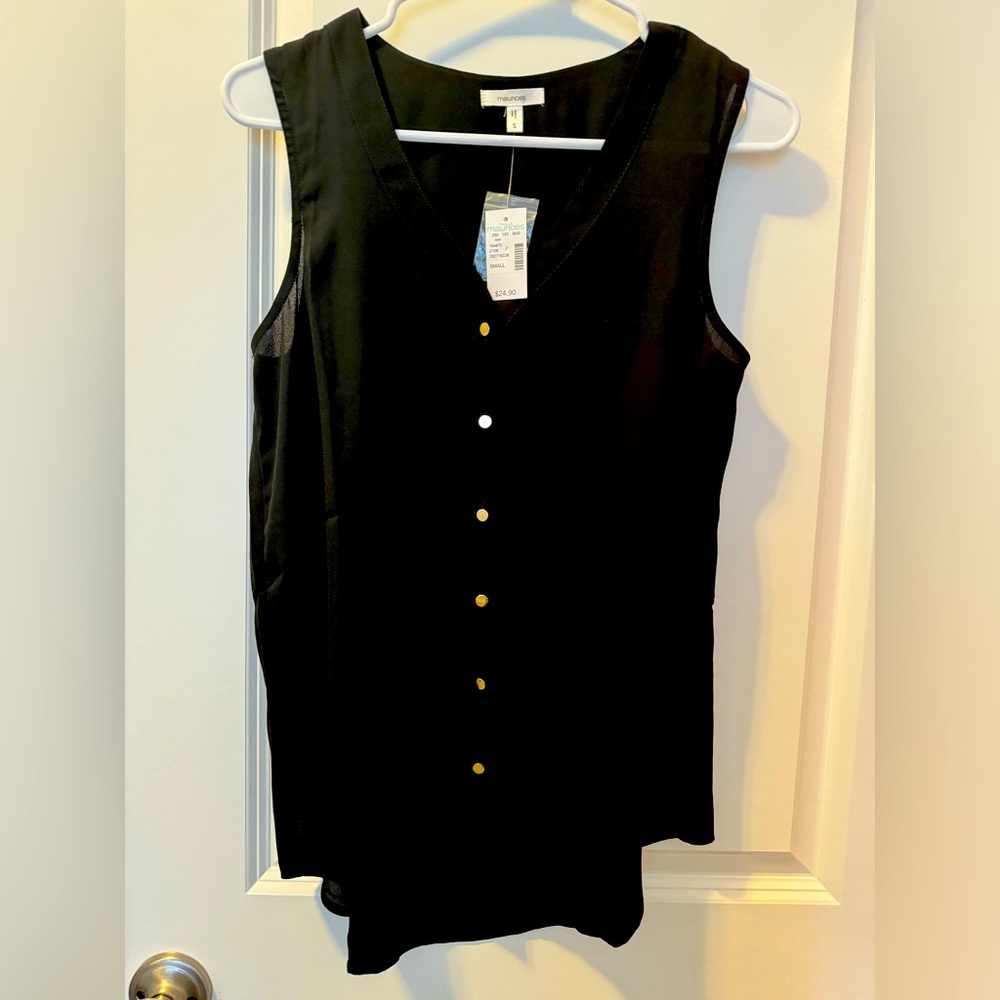 Maurice’s Black sleeveless V neck button down blouse women’s small.